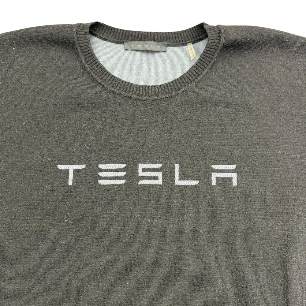 Tesla Sweater Mens L Black Wool Blend Crewneck Graphic Logo Pullover Made Italy